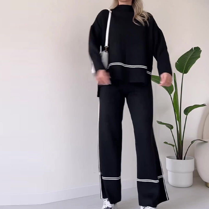 Women’s Solid Color Casual Two-Piece Set – Loose Top & Bootcut Pants Suit