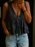 V-Neck Ruffled Sleeveless Vest Top – Solid Color Women’s Tank