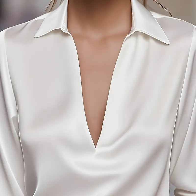 Elegant Women's V-Neck Long Sleeve Blouse With Satin Sheen Formal Shirt