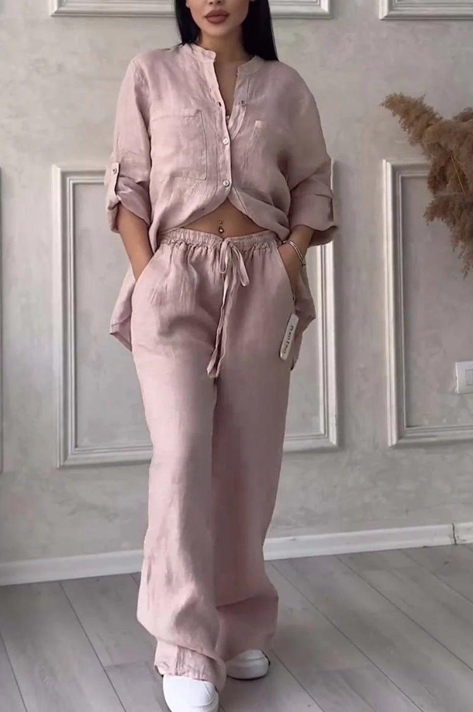 Wide-Leg Pants & Lace-Up Top Two-Piece Set – Solid Color, 12 Colors S–5XL