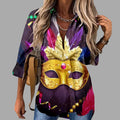 🎭 Mardi Gras Women's V-Neck Long Sleeve Carnival Print Shirt
