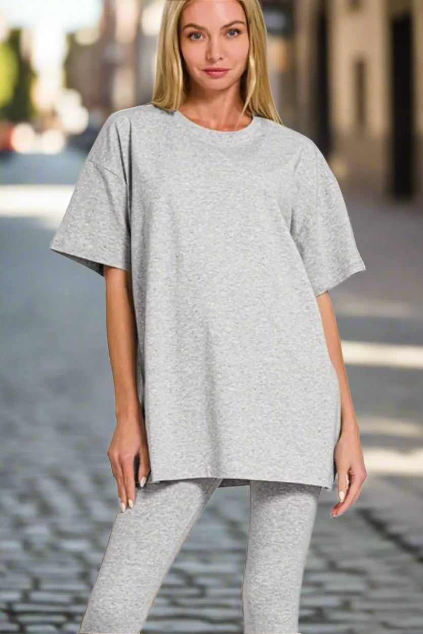 Zenana Cotton Round Neck Top & Legging Set