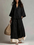 Women's Cotton-Linen V-Neck 3/4 Sleeve Shirt & Wide-Leg Pants Set