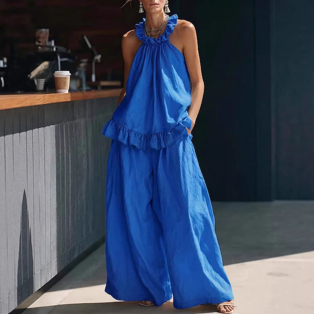 Halterneck Loose Two-Piece Set | Pleated Asymmetric Pocket Set
