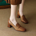 Women's Sheepskin Square Toe Chunky Heel Pumps – Retro High Heel Dress Shoes