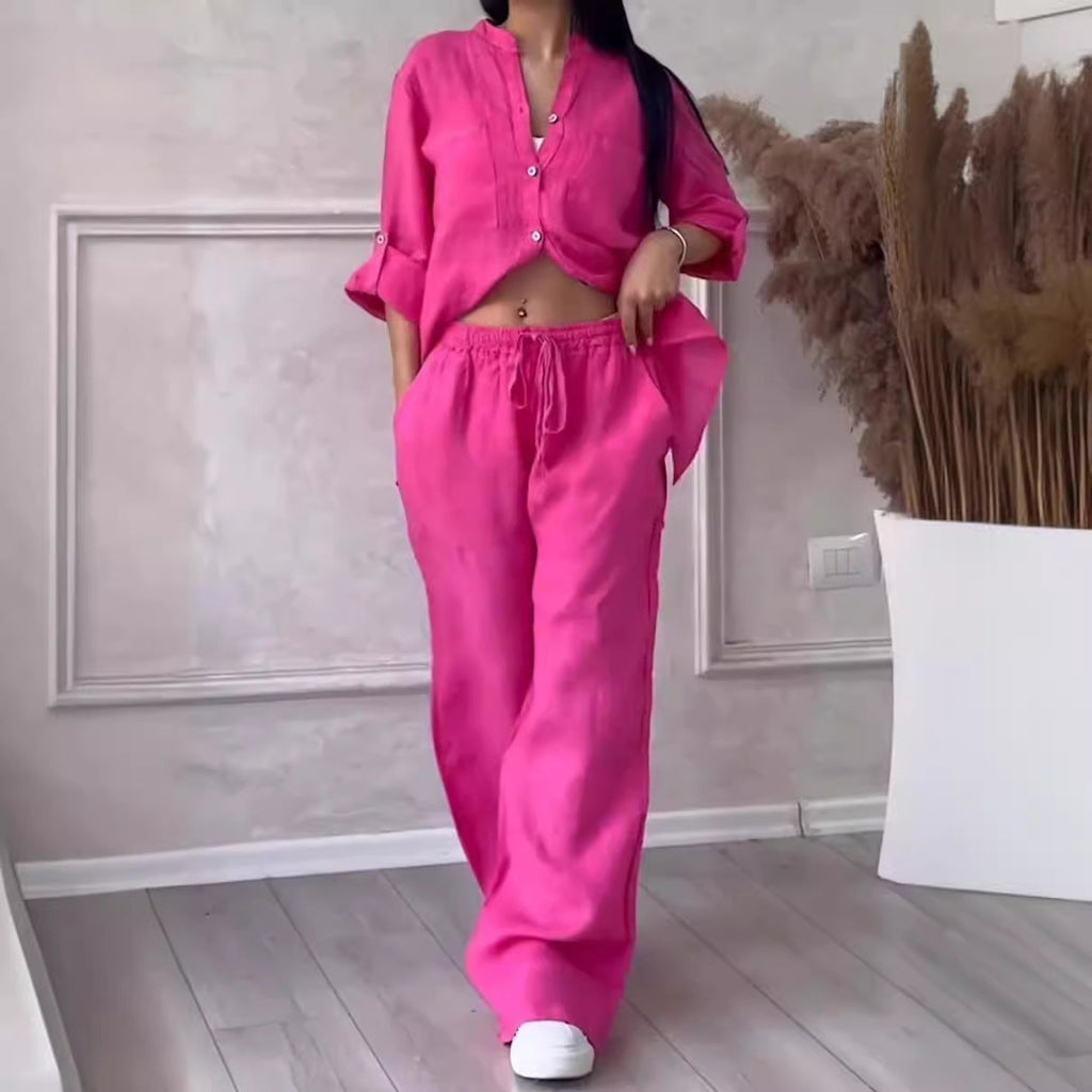 Wide-Leg Pants & Lace-Up Top Two-Piece Set – Solid Color, 12 Colors S–5XL