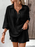 Women's Lapel Collar Double-Panel Shirt & Shorts Two-Piece Set