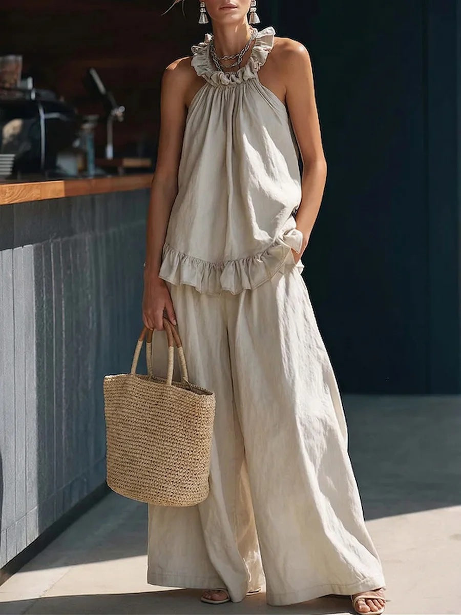 Halterneck Loose Two-Piece Set | Pleated Asymmetric Pocket Set
