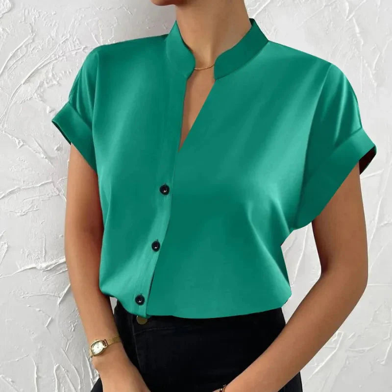 🧡 Summer Women's Satin V-Neck Short Sleeve Shirt – Elegant Casual Wear