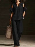 V-Neck Short Sleeve Top & Straight-Leg Pants Set – Ripped Detail, Pockets, Solid Color