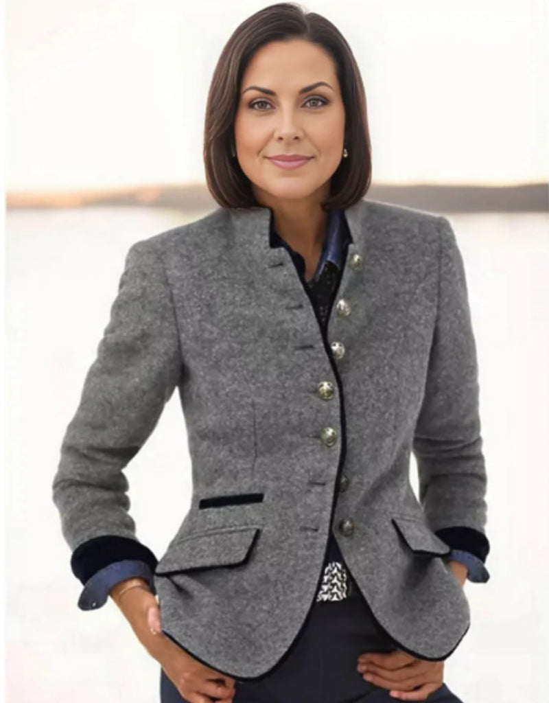 Women’s Color-Block Woolen Jacket – Multi-Button Casual Elegant Coat